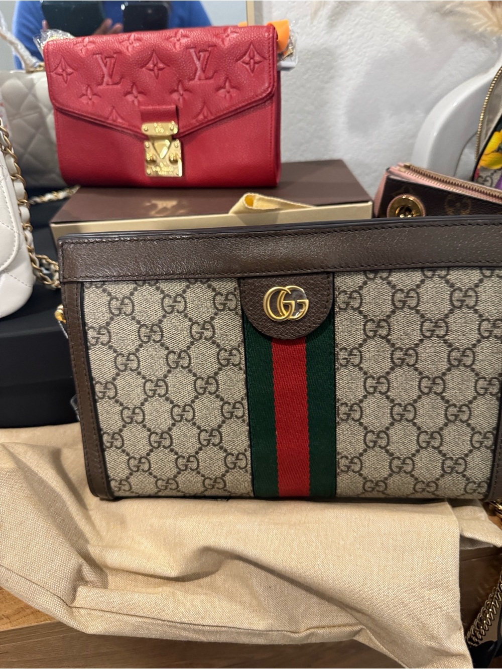 Gucci GG Supreme Crossbody with Brown Trim and Green/Red Web